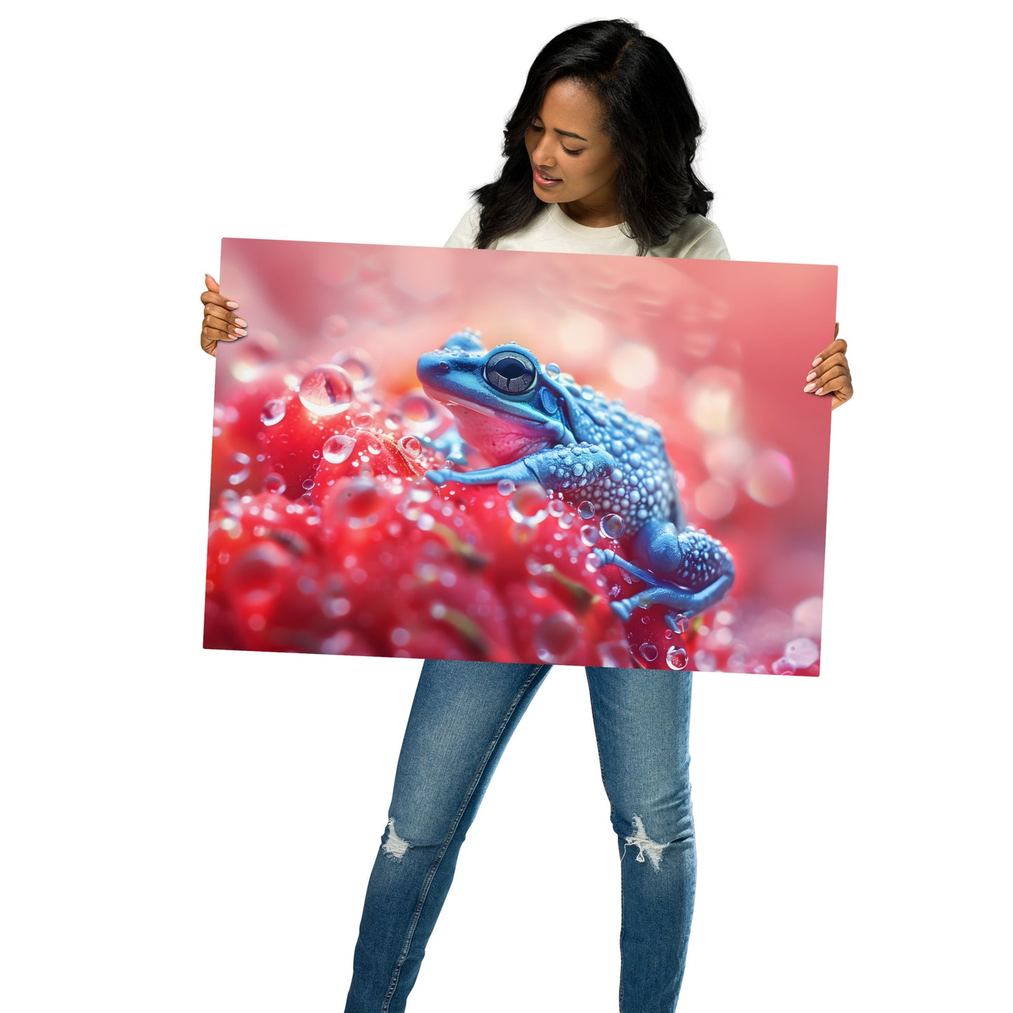 Vibrant Blue Frog on Dewy Strawberry Aluminum Wall Art | High-Resolution Nature Art for Home Decor