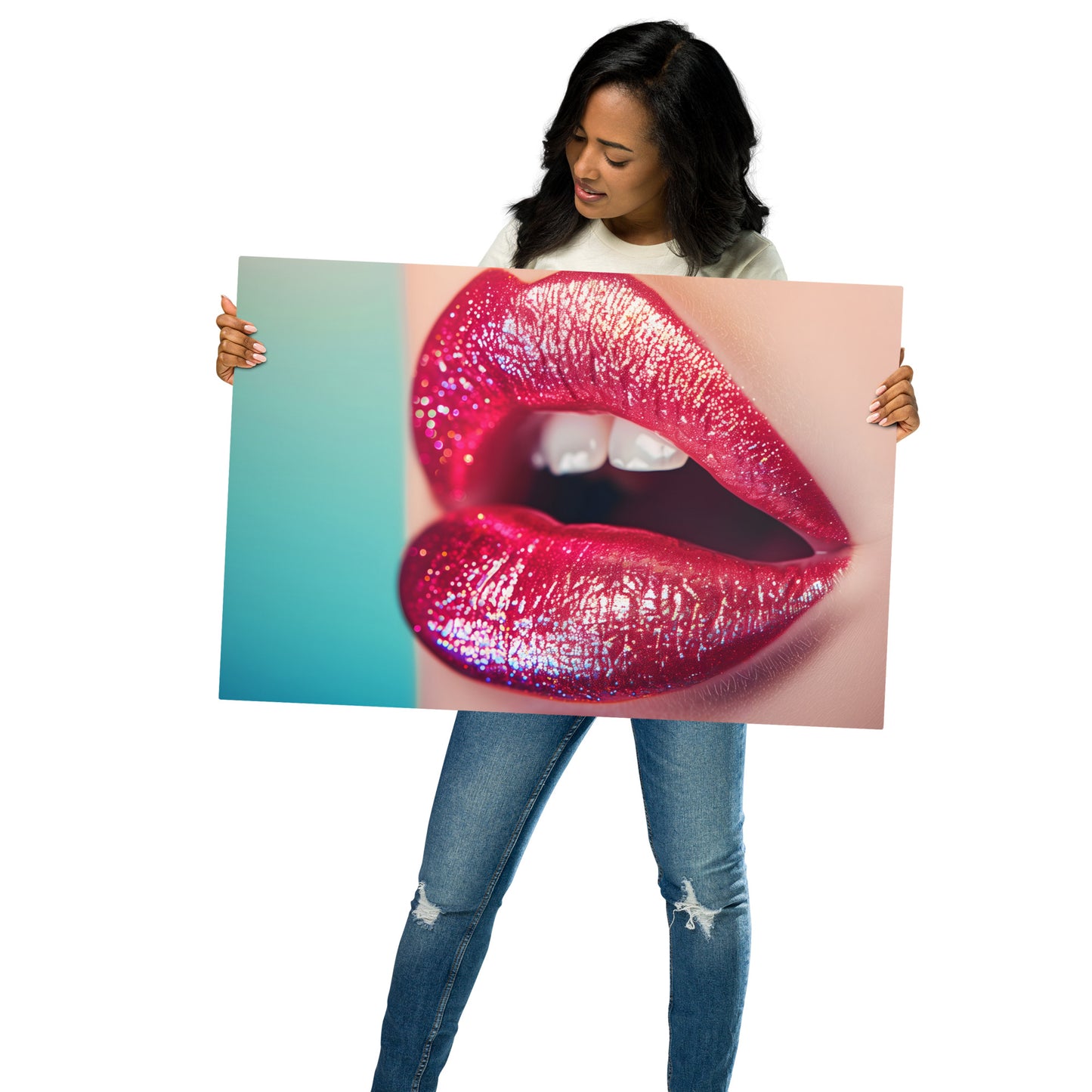 Glittering Red Lips Metal Wall Art - Glamorous Aluminum Decor for Modern Spaces