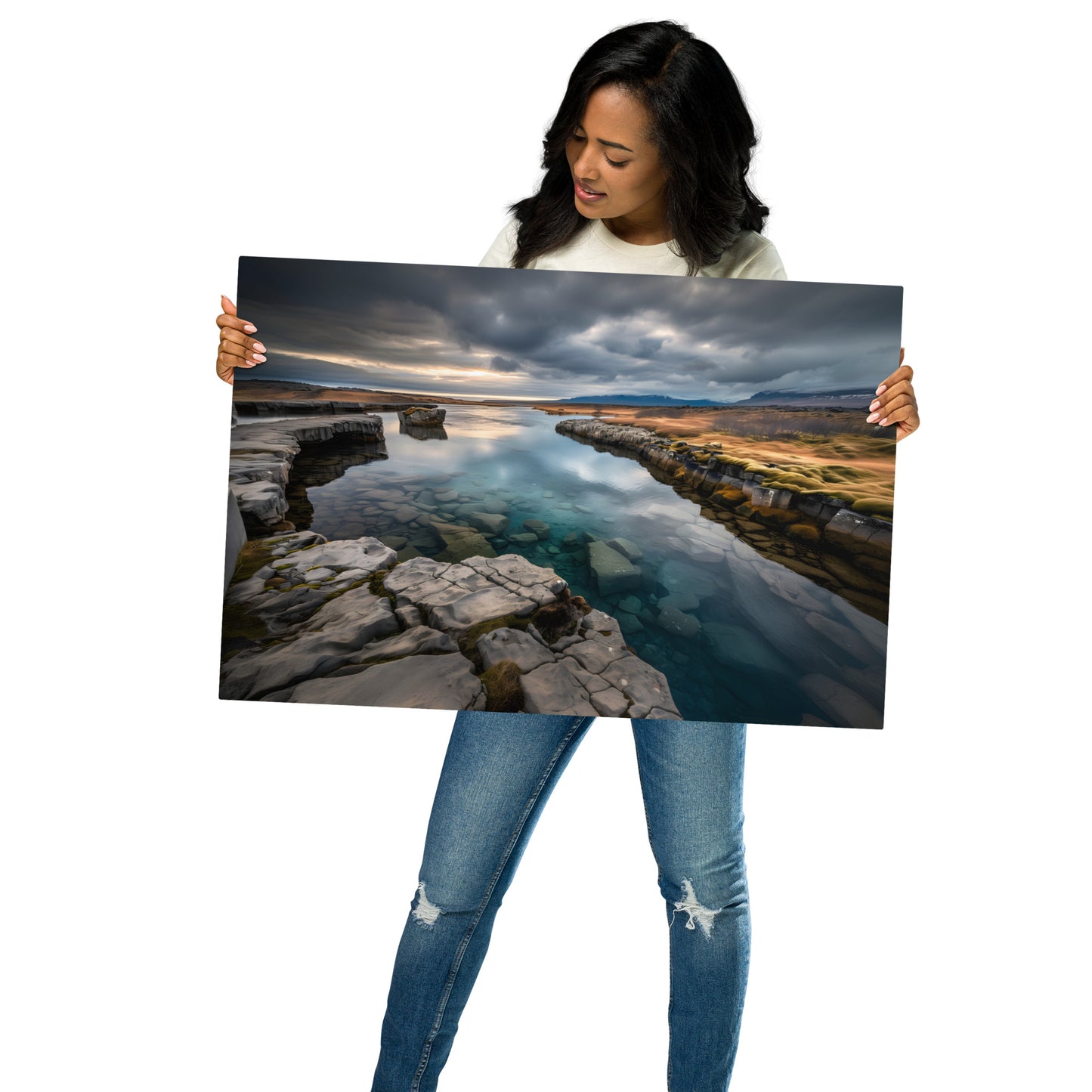 Serene Landscape Metal Print - Crystal Clear River and Rocky Terrain, Customizable and Durable Wall Art