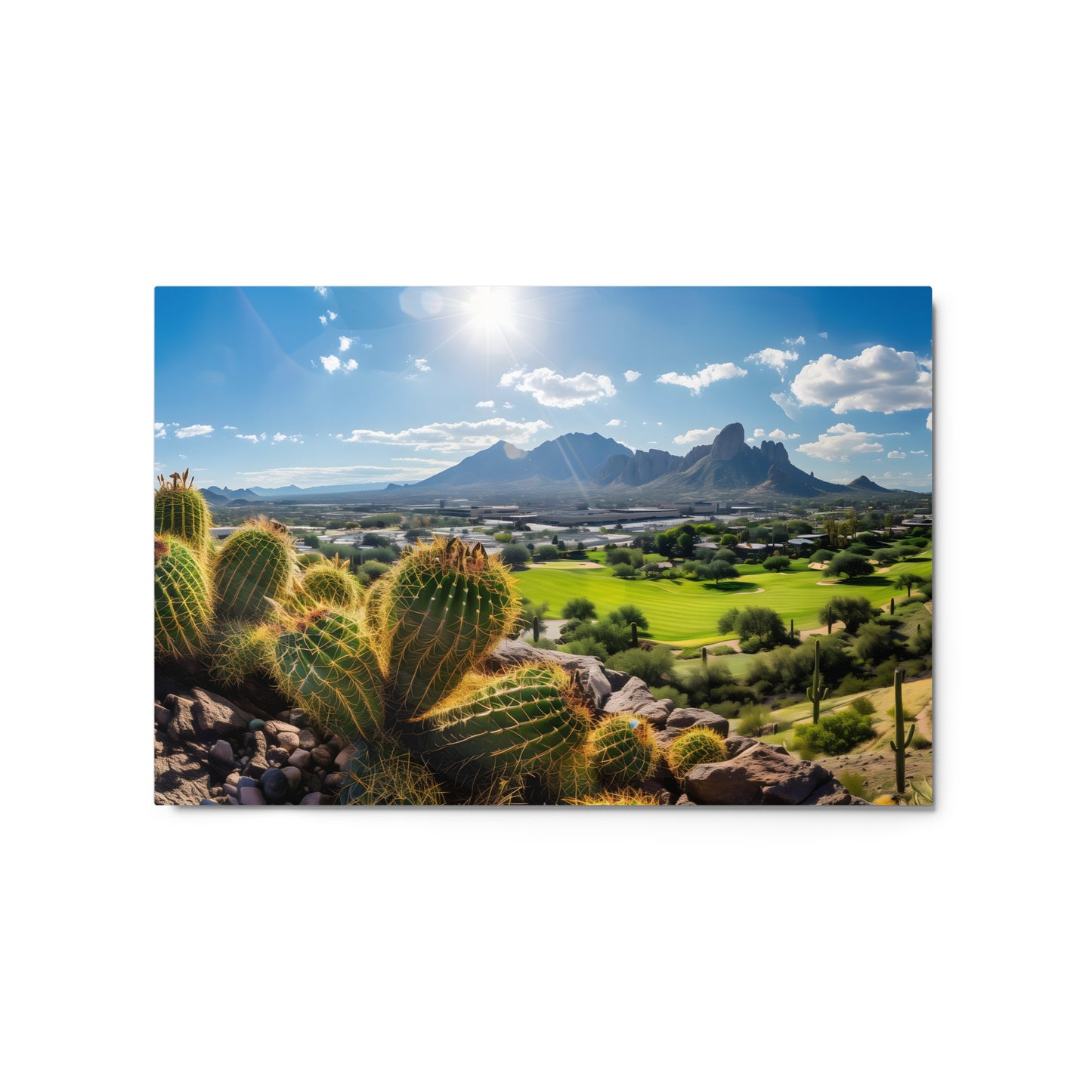 Scenic Desert Golf Course Landscape Wall Art on Aluminum Frame - Cactus and Mountains Décor