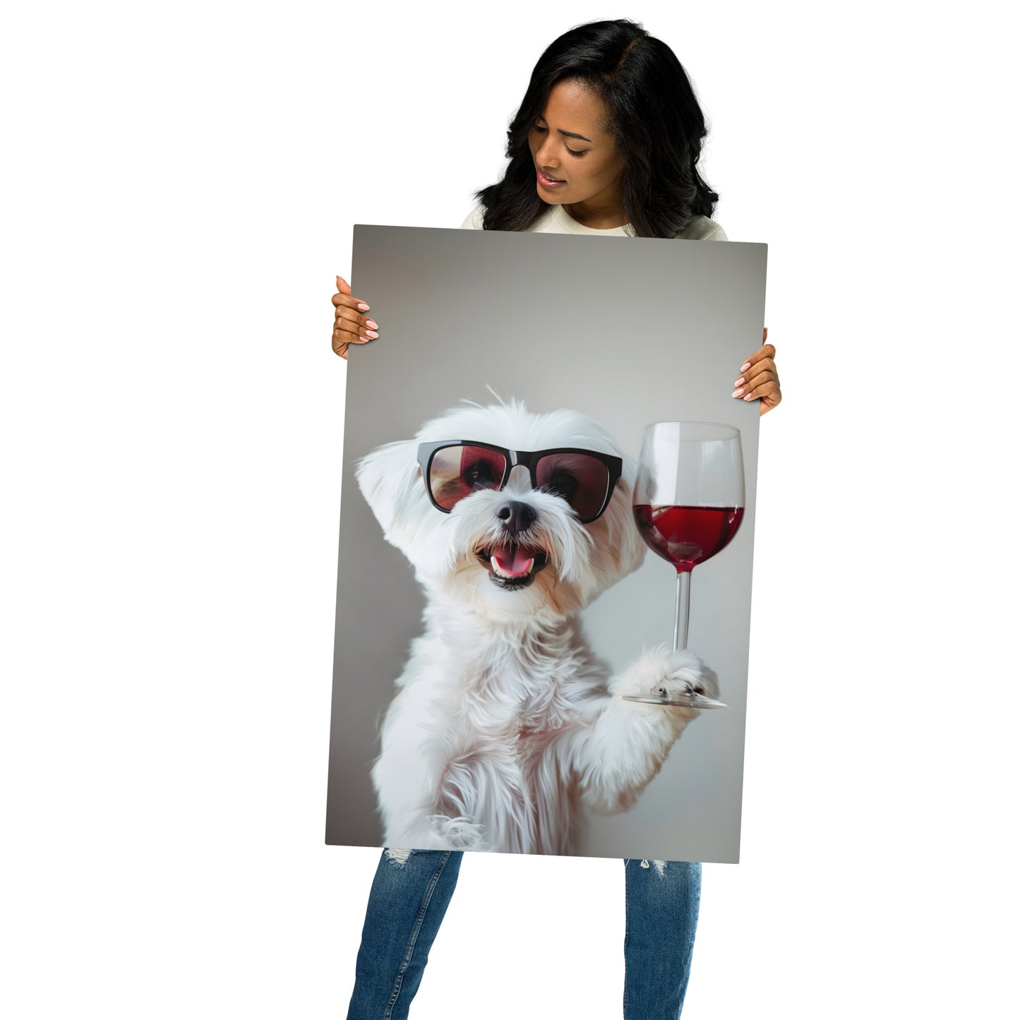 Cheers to Paws - Maltese Dog with Wine Glass on Aluminum Metal Frame