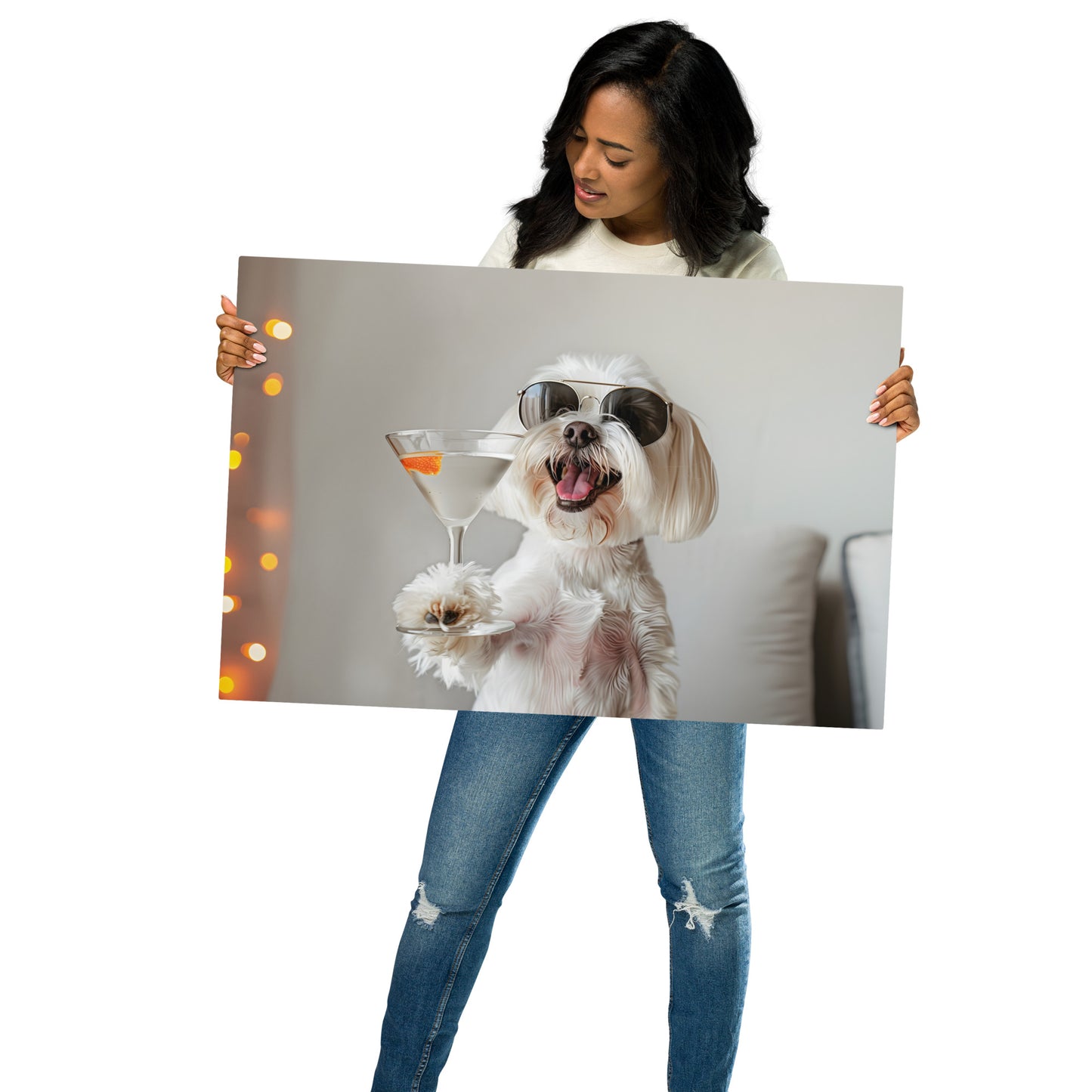 Cheers to Canine Joy - Maltese Dog with Cocktail on Aluminum Metal Frame