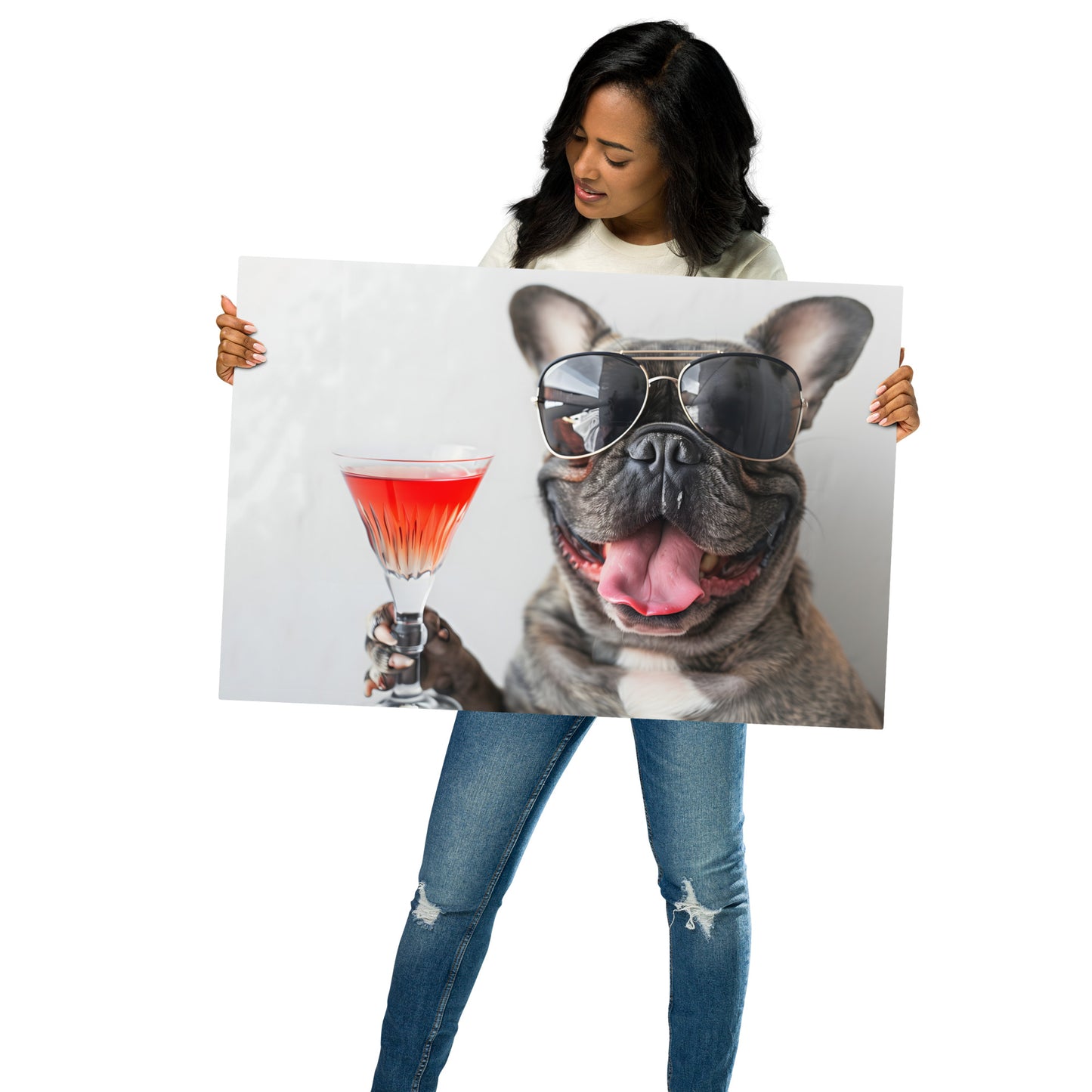 Trendy French Bulldog with Martini Metal Wall Art - Cool Pet Portrait on Aluminum Frame