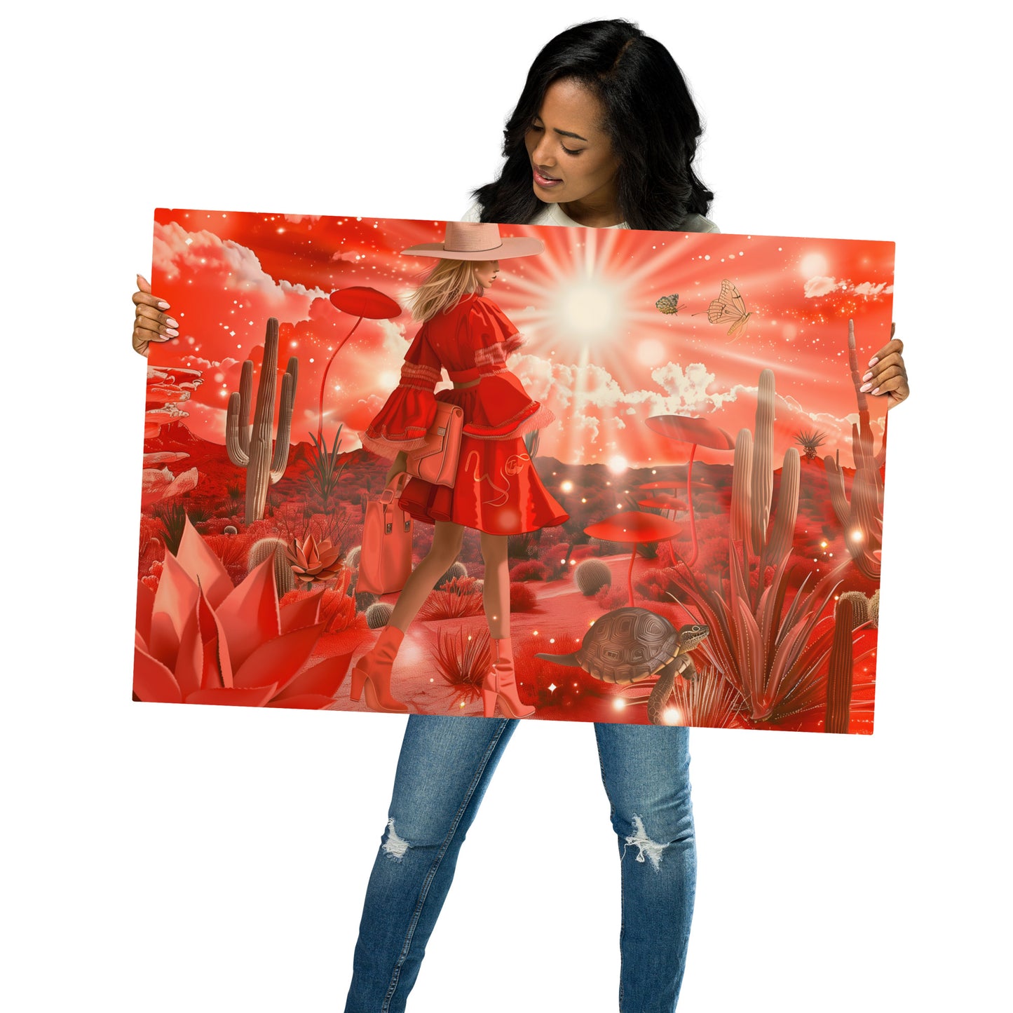 Red Desert Elegance Aluminum Wall Artwork | Fashionable Woman in a Desert Scene | Vibrant Wall Art