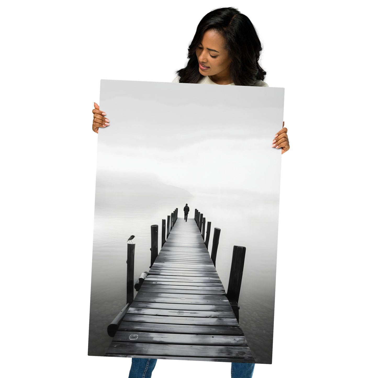 Serene Pier Black and White Aluminum Wall Art - High-Detail Tranquil Landscape Print for Home Decor