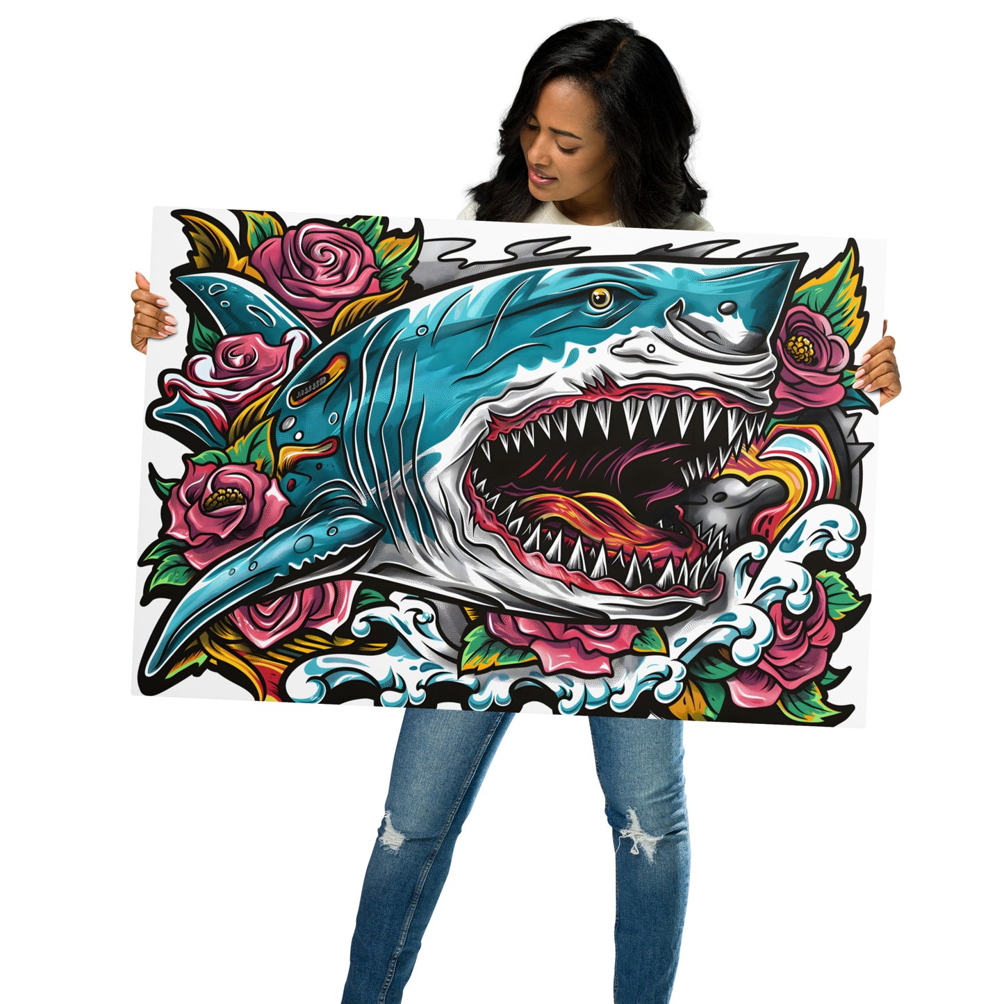 Bold Shark and Roses Aluminum Wall Art - High-Detail Print for Edgy Home and Office Decor