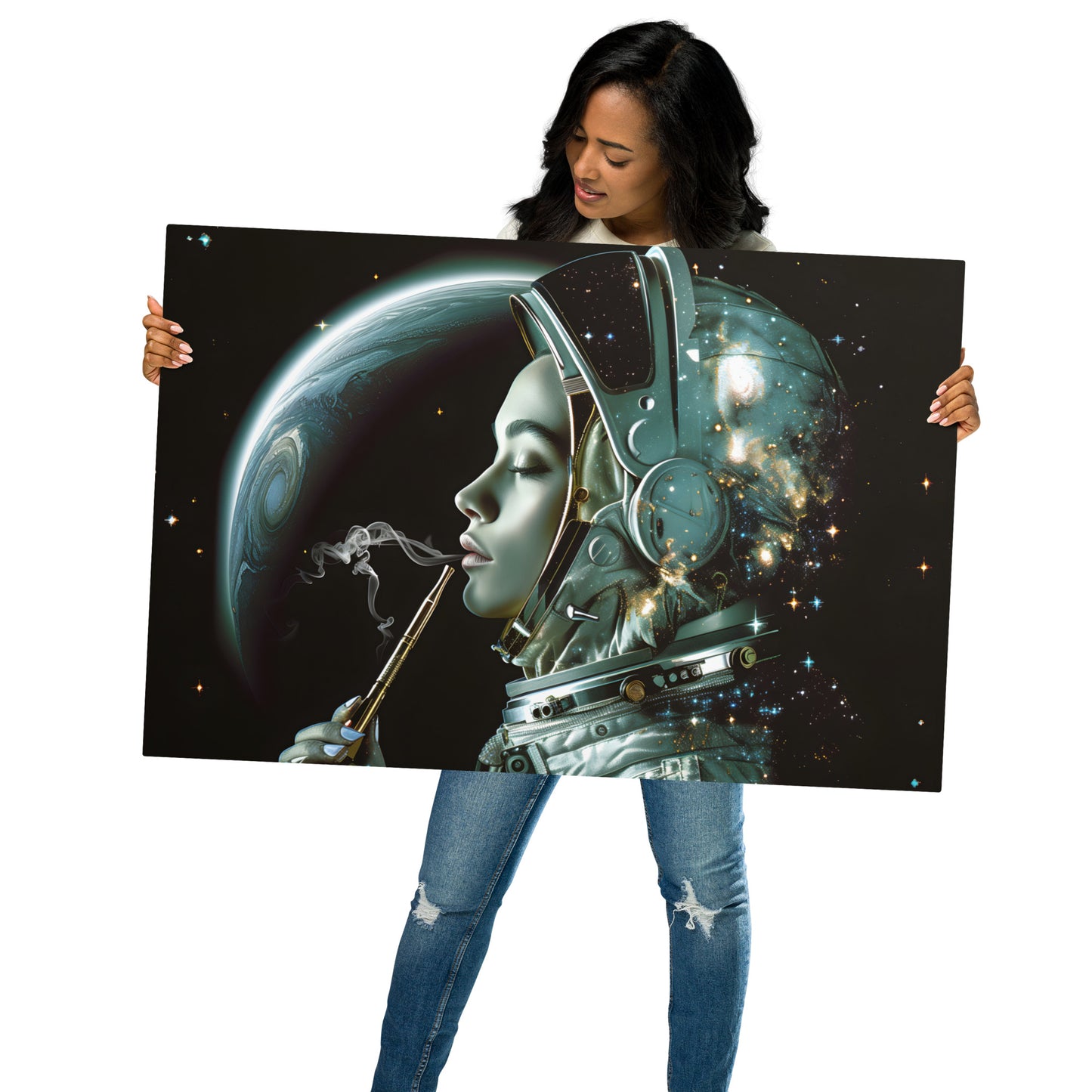 Mystical Female Astronaut Aluminum Wall Art - High-Detail Space Print for Modern Home Decor