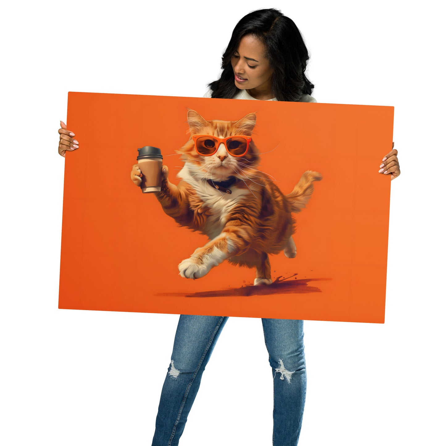 Vibrant Cat in Orange Hoodie Metal Wall Art - Playful and Trendy Decor