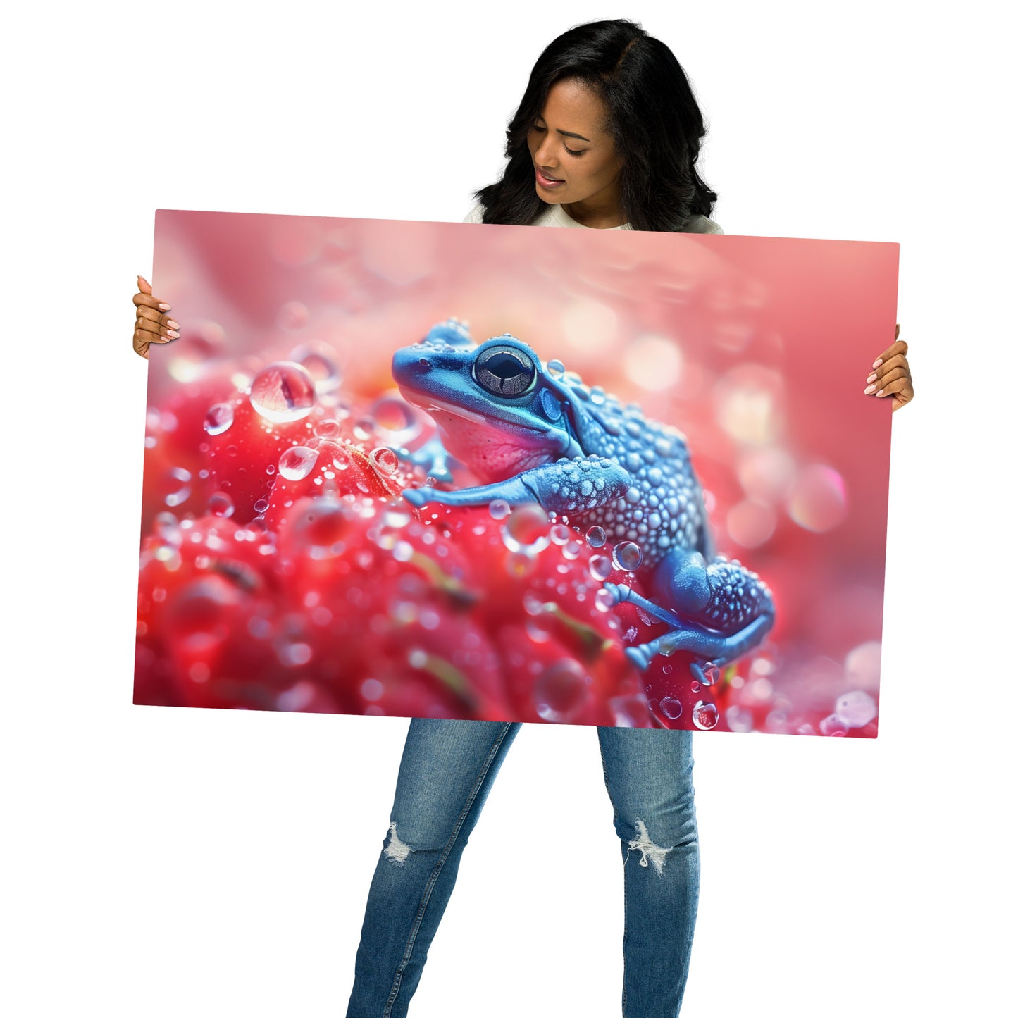 Vibrant Blue Frog on Dewy Strawberry Aluminum Wall Art | High-Resolution Nature Art for Home Decor