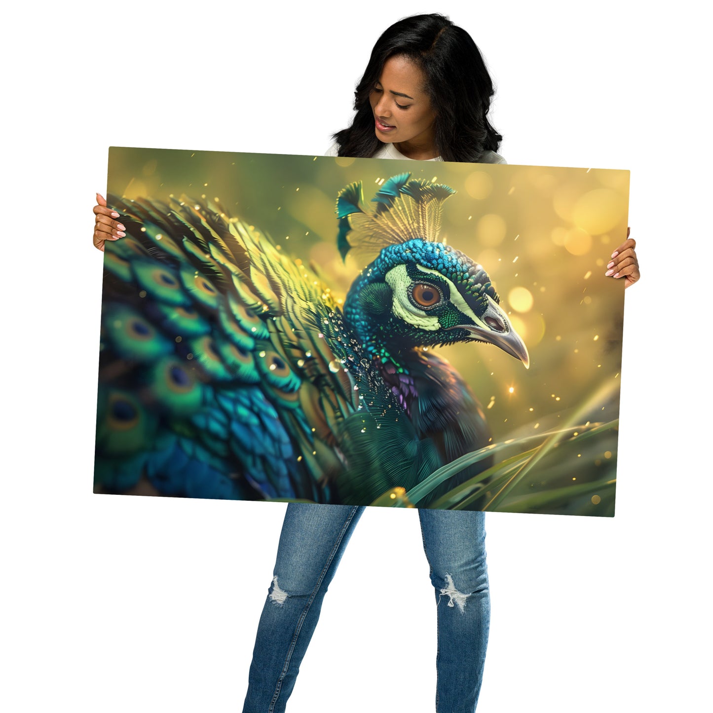 Majestic Congo Peacock with Dewy Feathers Aluminum Wall Art | High-Resolution Nature Art for Home Decor