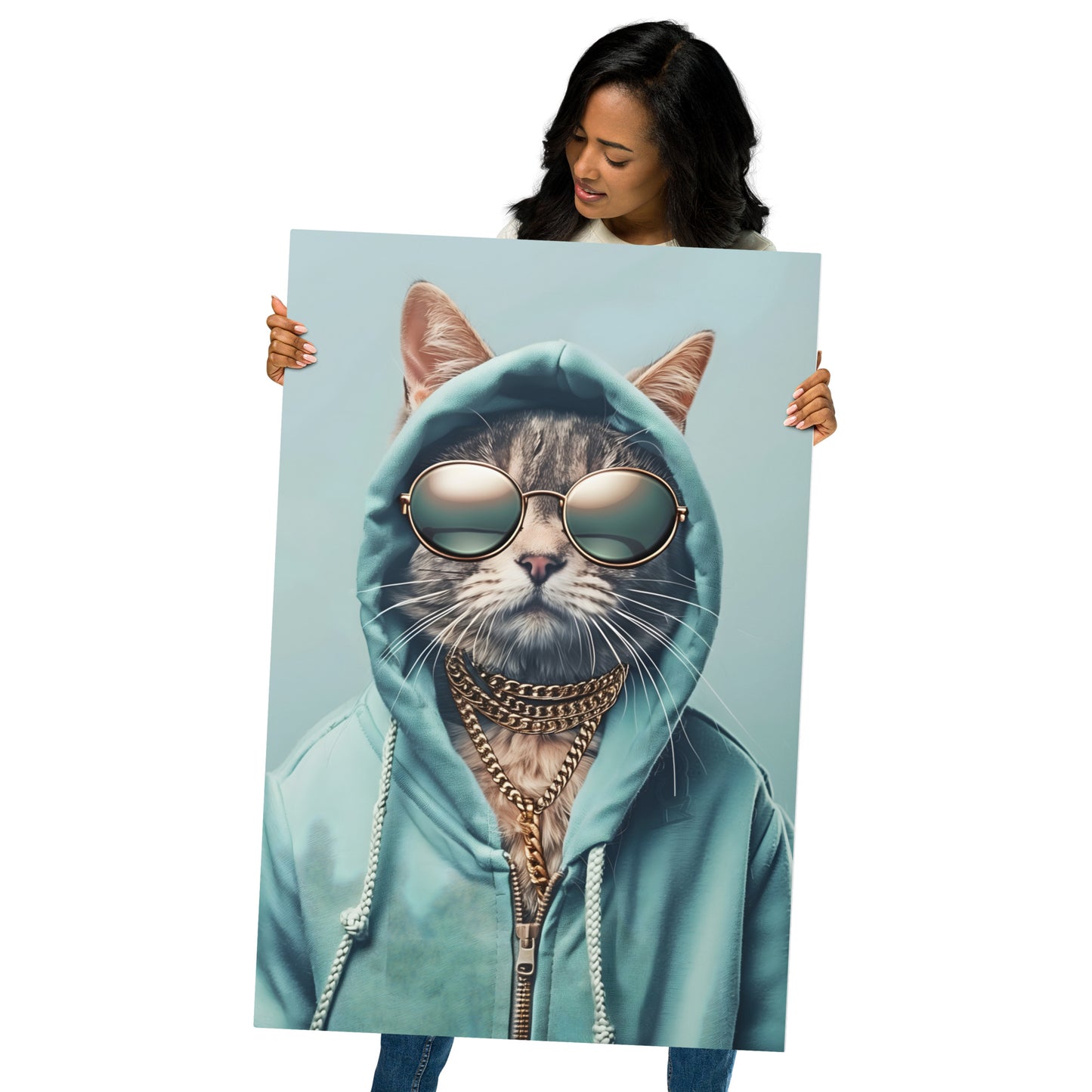 Cat in Hoodie and Chains Metal Wall Art - Trendy Aluminum Decor prints