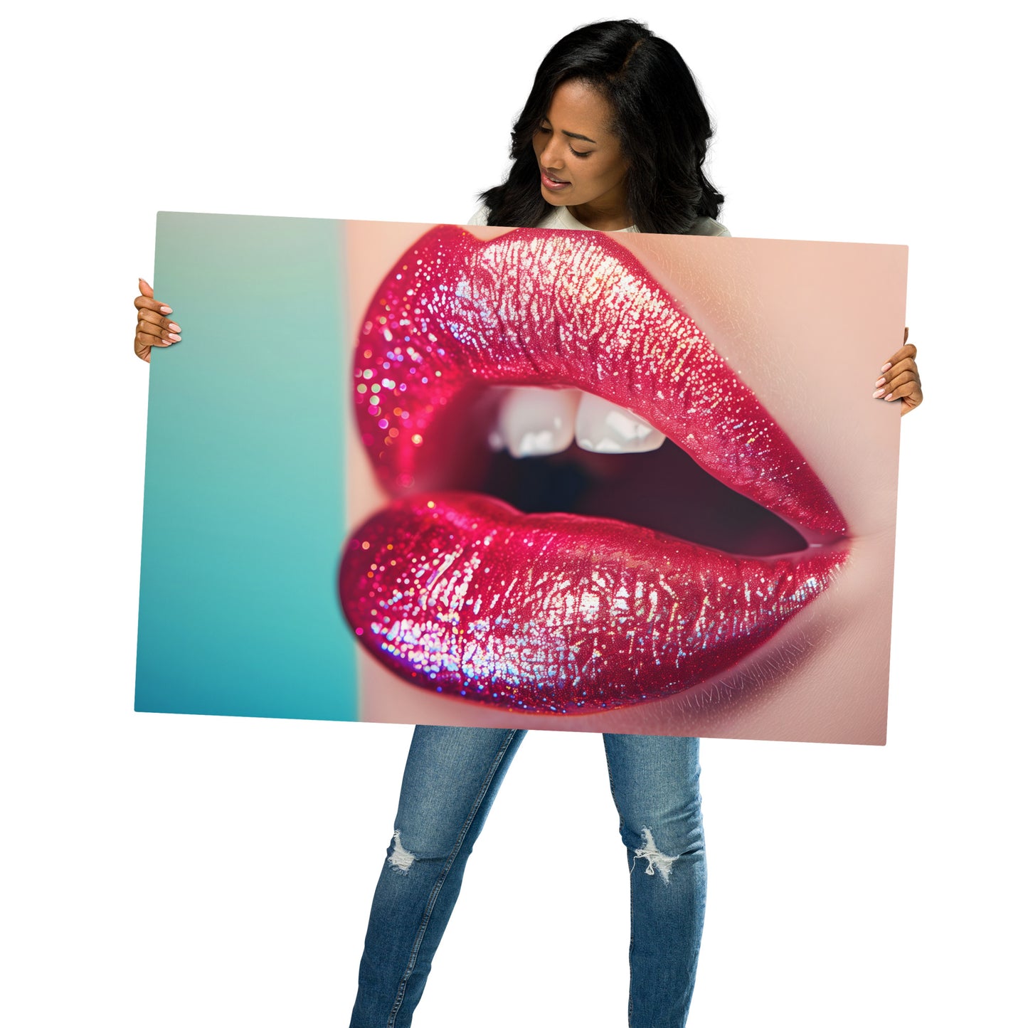 Glittering Red Lips Metal Wall Art - Glamorous Aluminum Decor for Modern Spaces