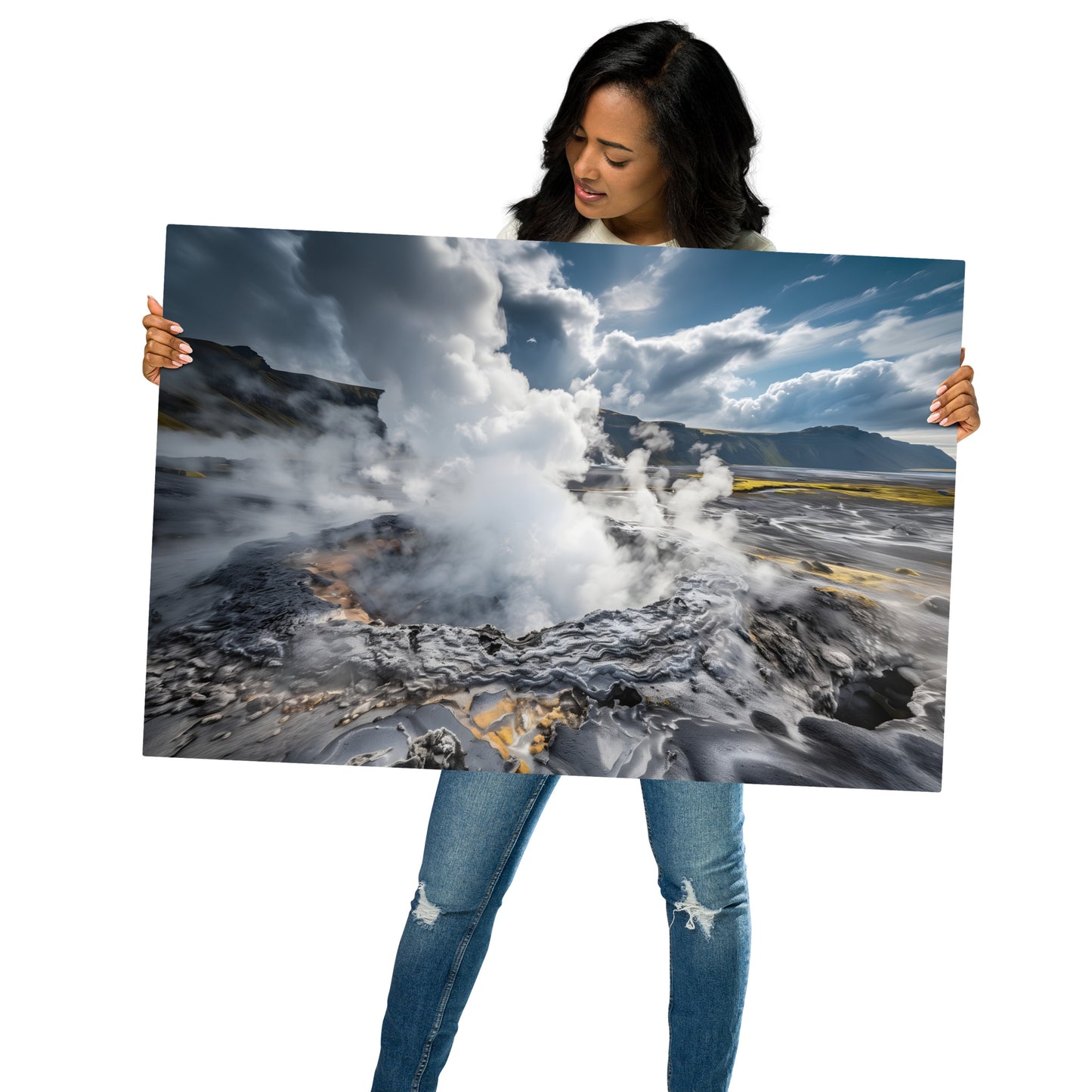 Epic Geothermal Landscape Metal Print - Stunning Volcanic Steam and Mountain View,