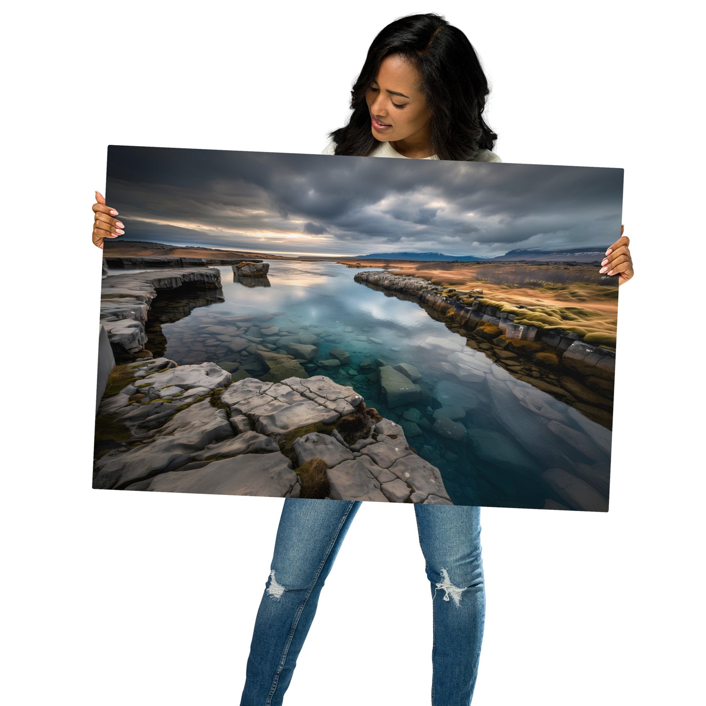 Serene Landscape Metal Print - Crystal Clear River and Rocky Terrain, Customizable and Durable Wall Art