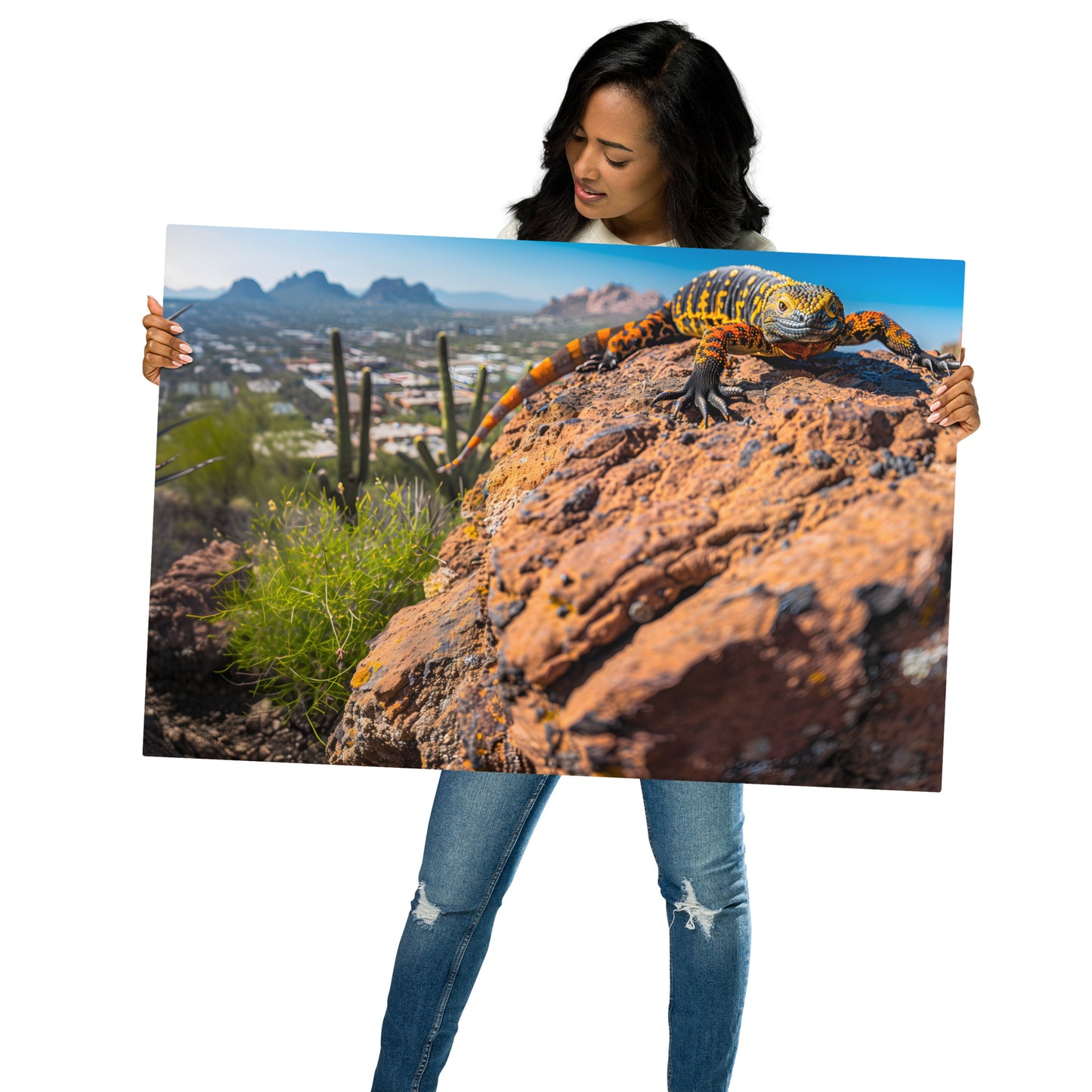 Stunning Gila Monster Wall Art on Aluminum Frame - Vibrant Desert Landscape