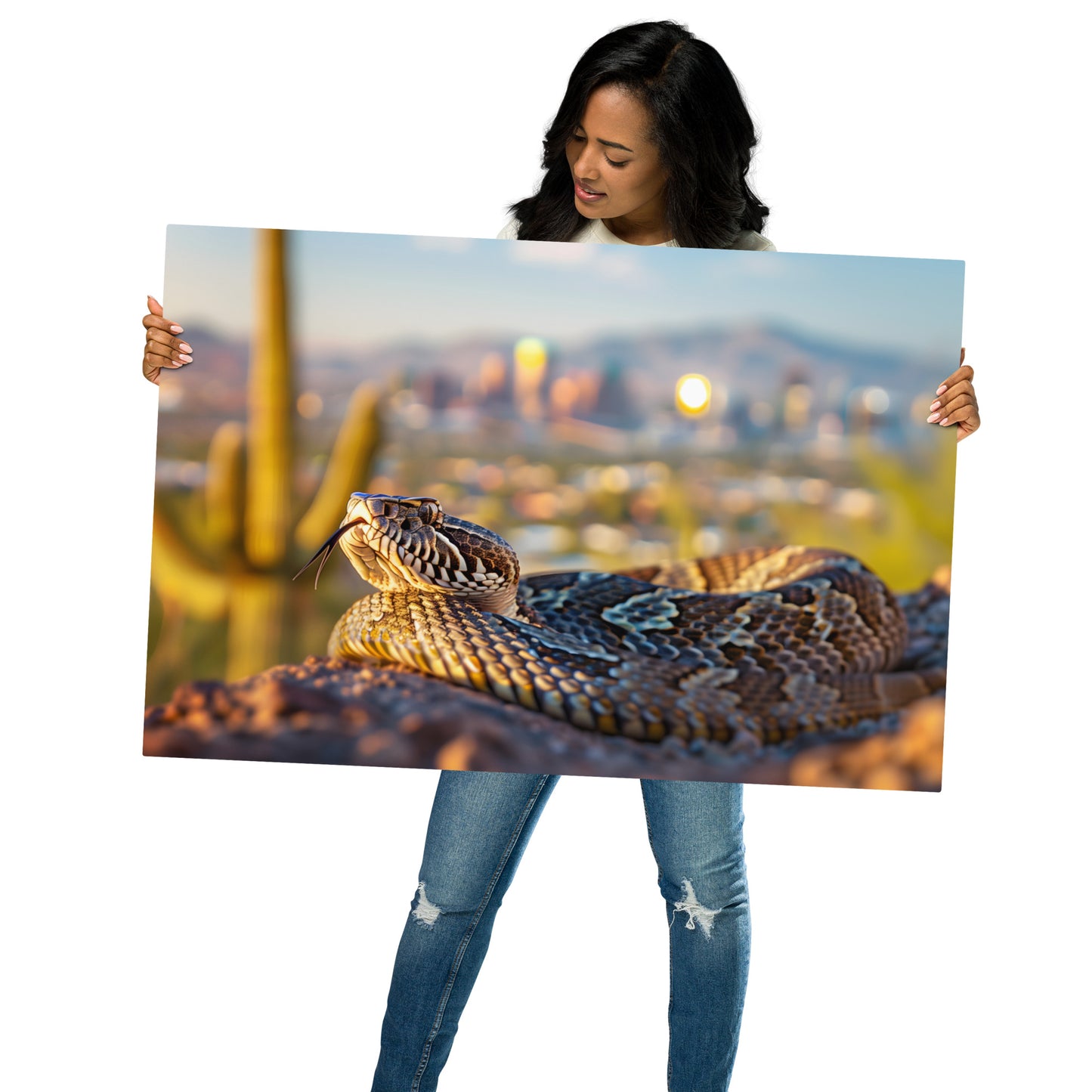 Desert Majesty - Diamondback Rattlesnake with City Backdrop on Aluminum Metal Frame