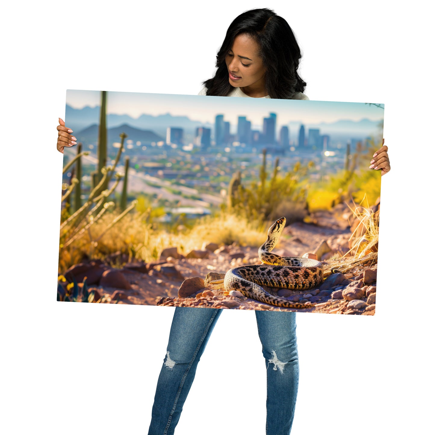 Diamondback Rattlesnake with Urban Skyline on Aluminum Metal Frame