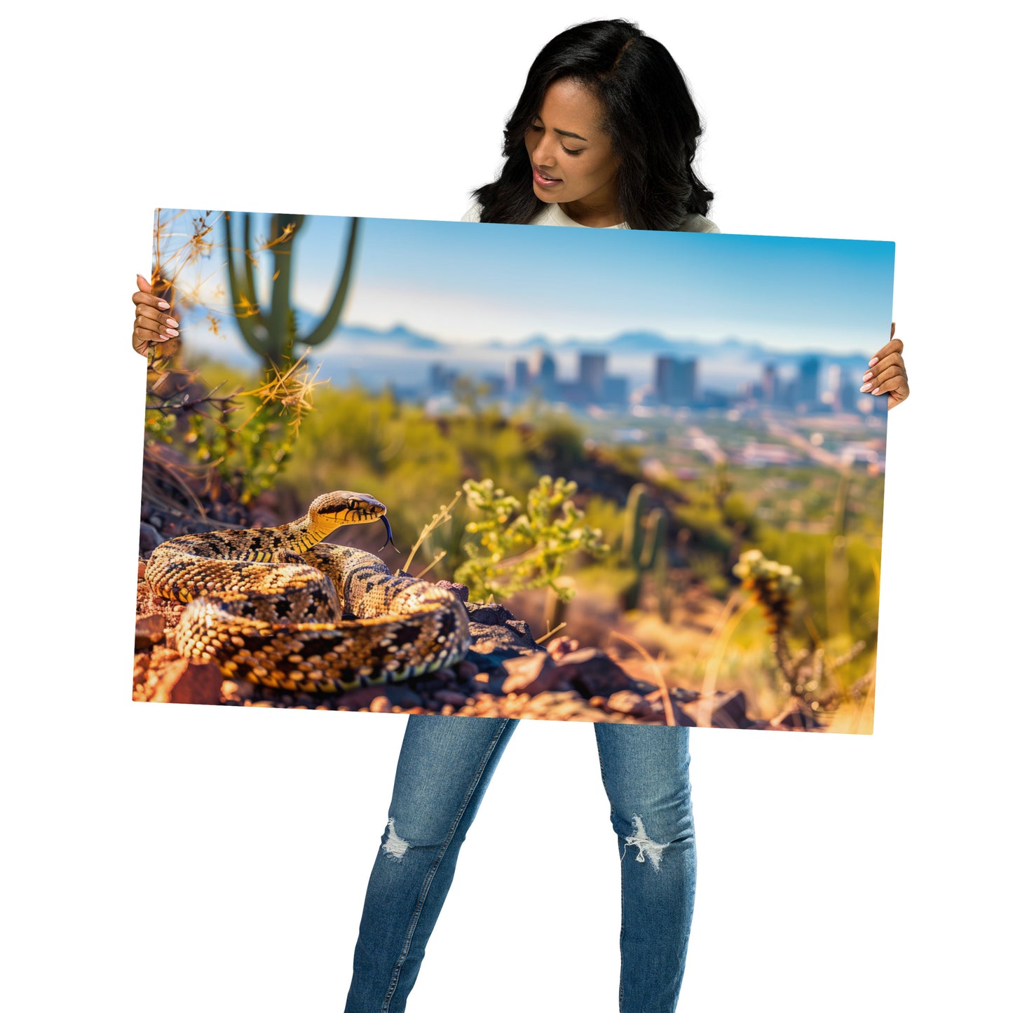 Desert Jewel - Diamondback Rattlesnake with City View on Aluminum Metal Frame