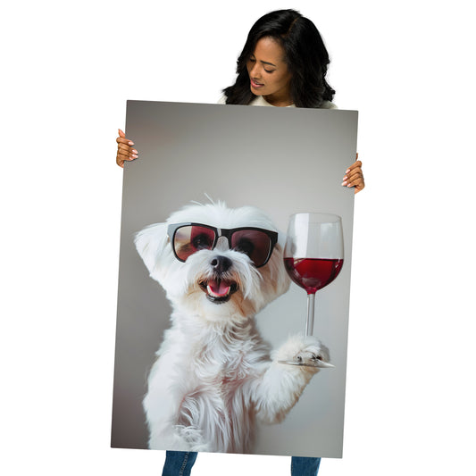 Cheers to Paws - Maltese Dog with Wine Glass on Aluminum Metal Frame