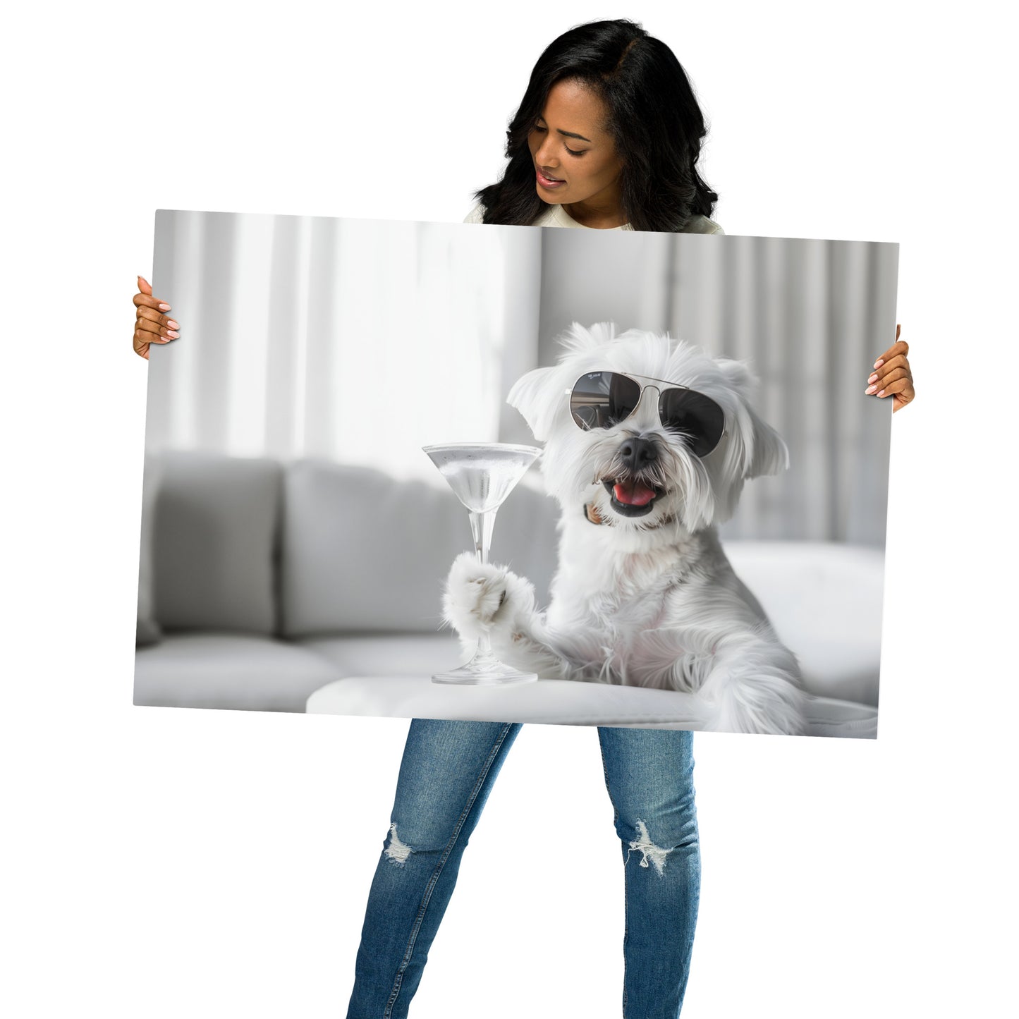 Sophisticated Paws - Maltese Dog with Martini Glass on Aluminum Metal Frame