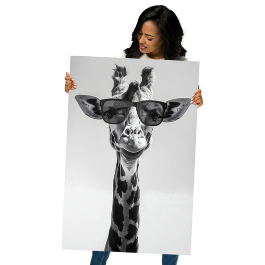 Cool Giraffe - Black and White Photography on Aluminum Metal Frame