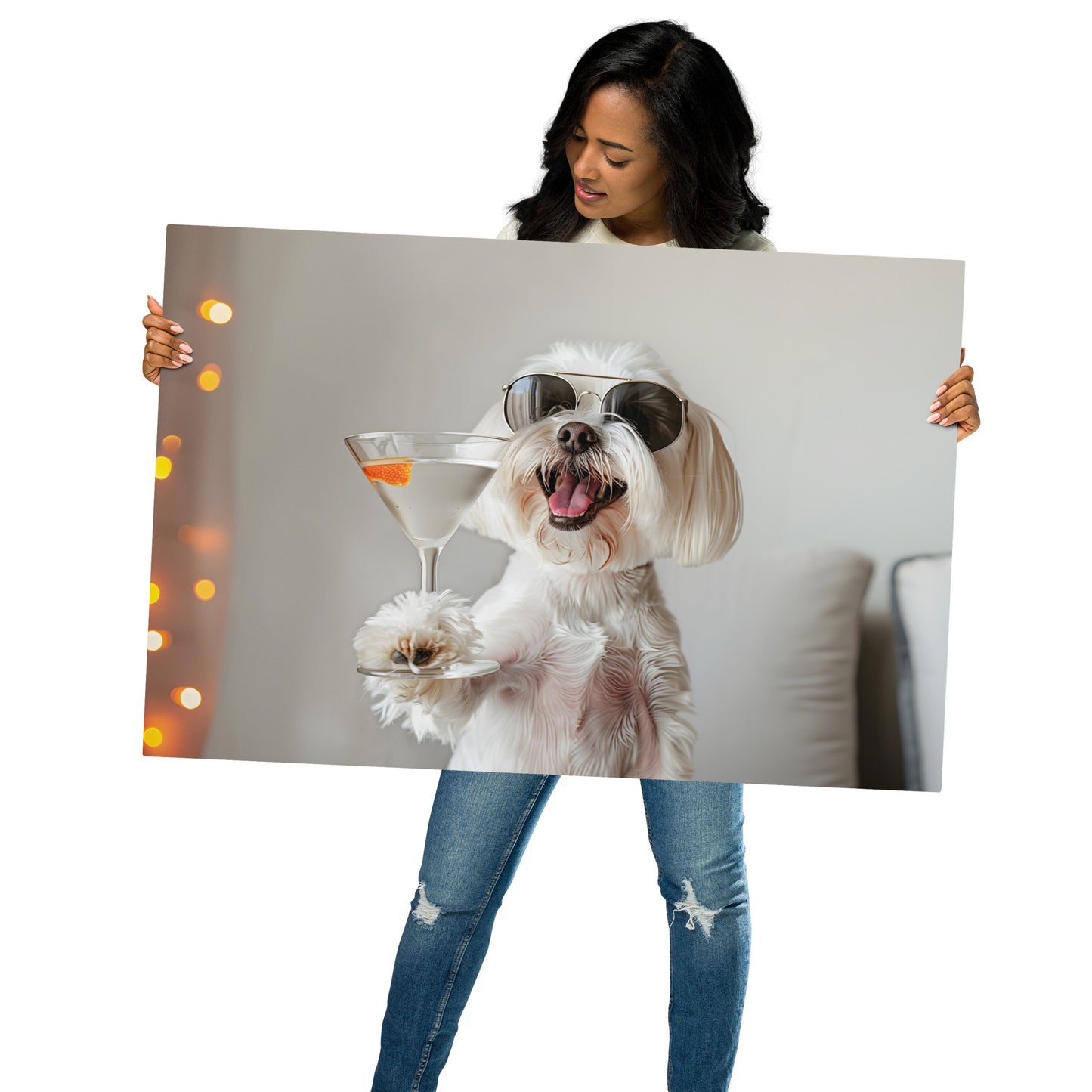 Cheers to Canine Joy - Maltese Dog with Cocktail on Aluminum Metal Frame