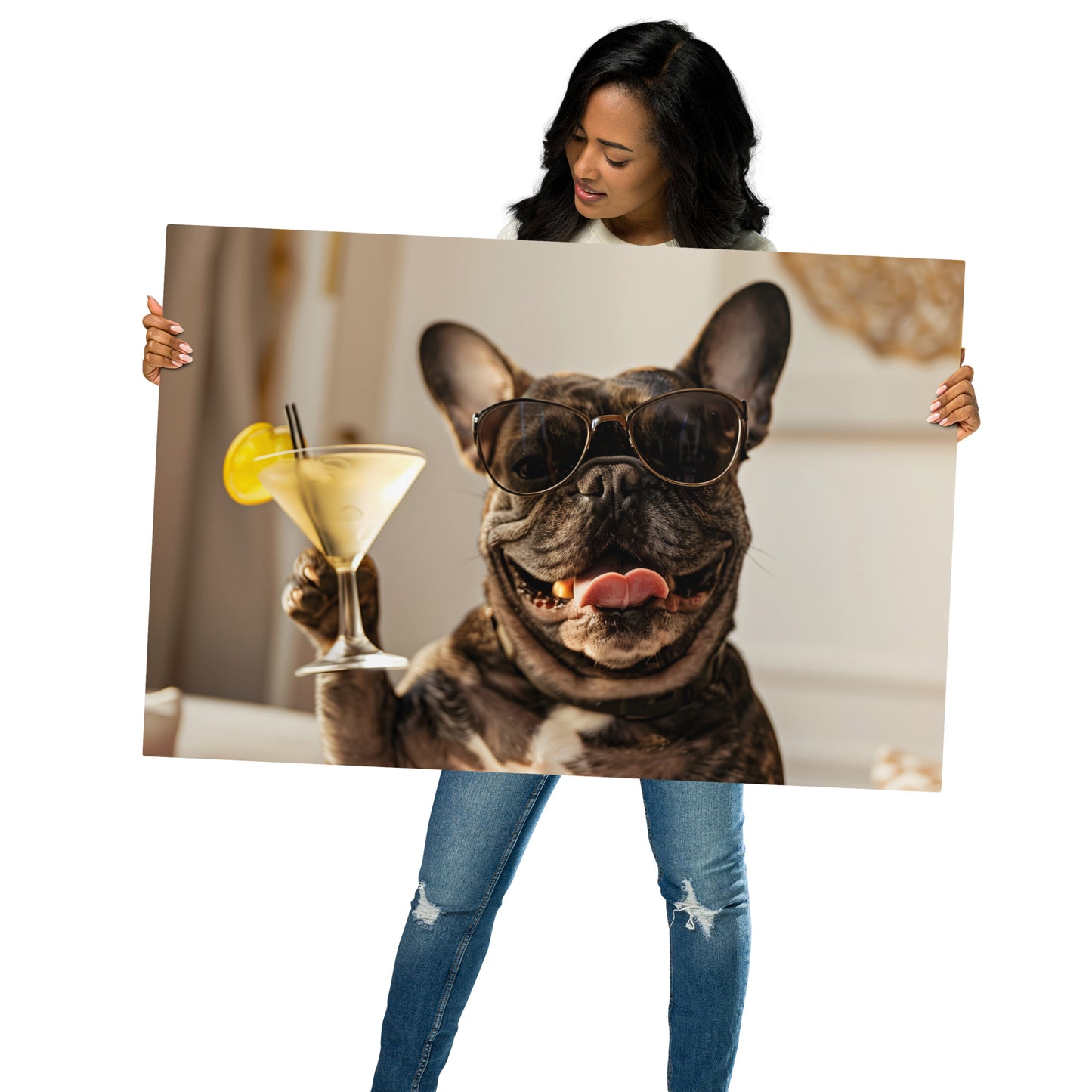 Fun French Bulldog with Martini Metal Wall Art - Quirky Pet Portrait on Aluminum Frame