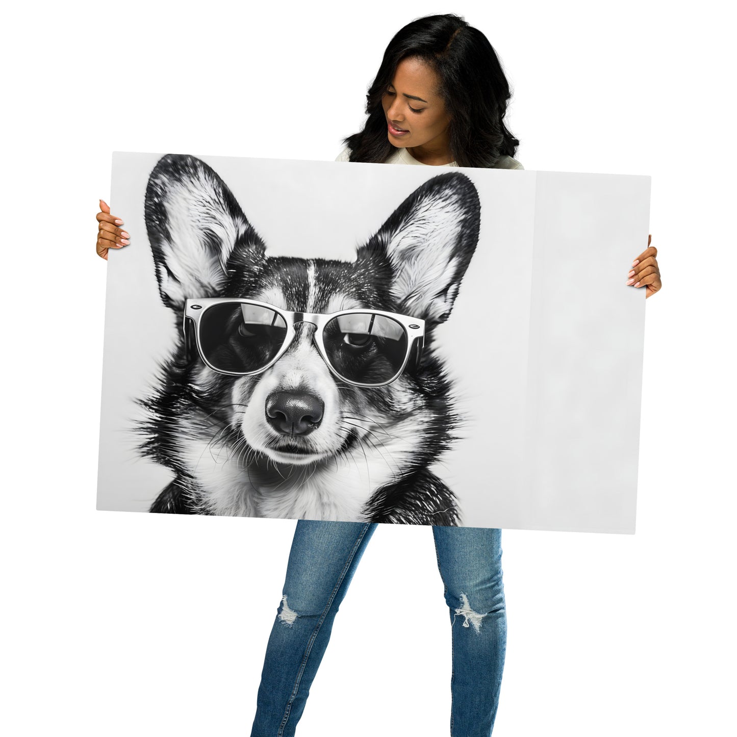 Cool Corgi in Sunglasses - Black and White Aluminum Metal Wall Art - Modern Pet Decor