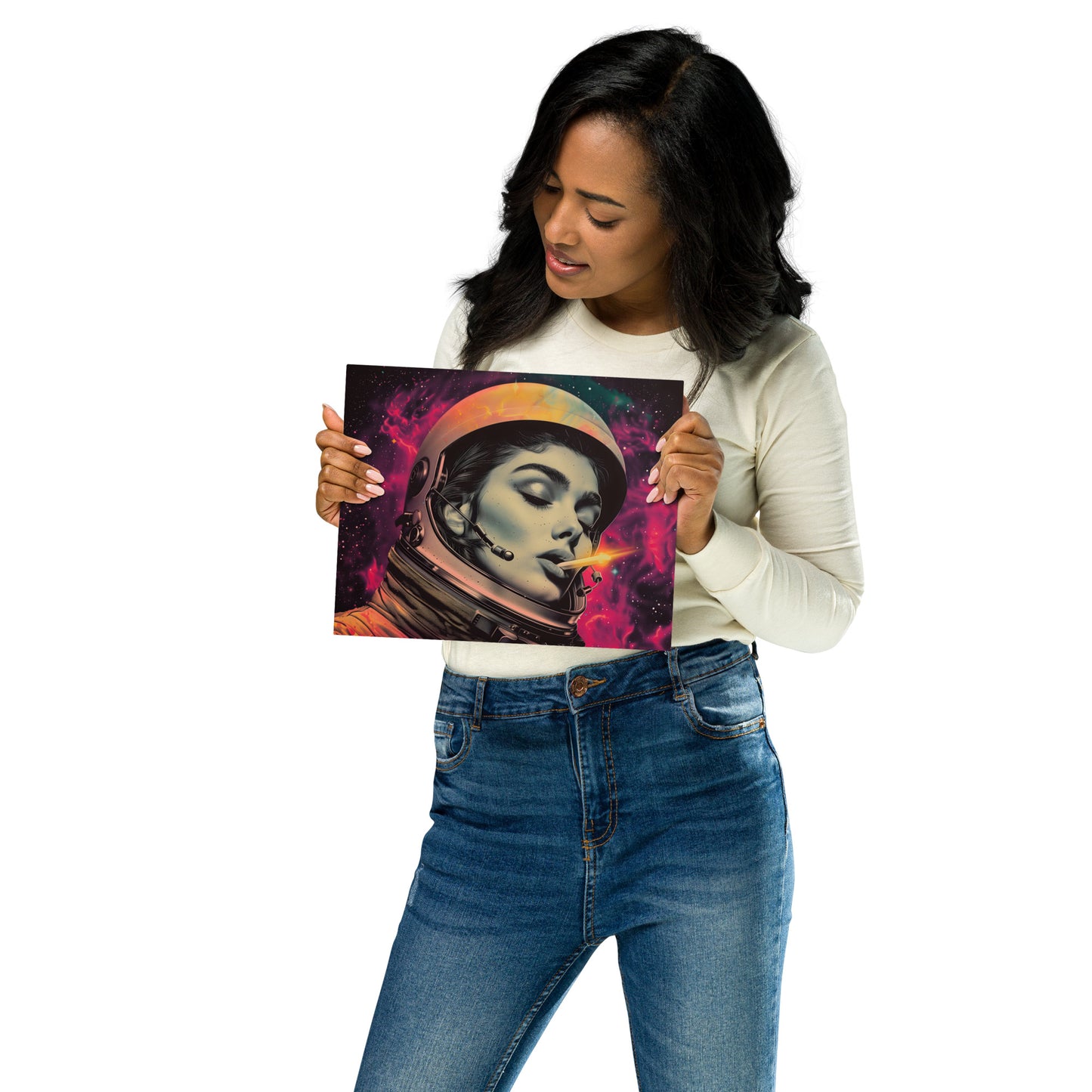 Mystical Female Astronaut Aluminum Wall Art - High-Detail Print for Space and Sci-Fi Enthusiasts