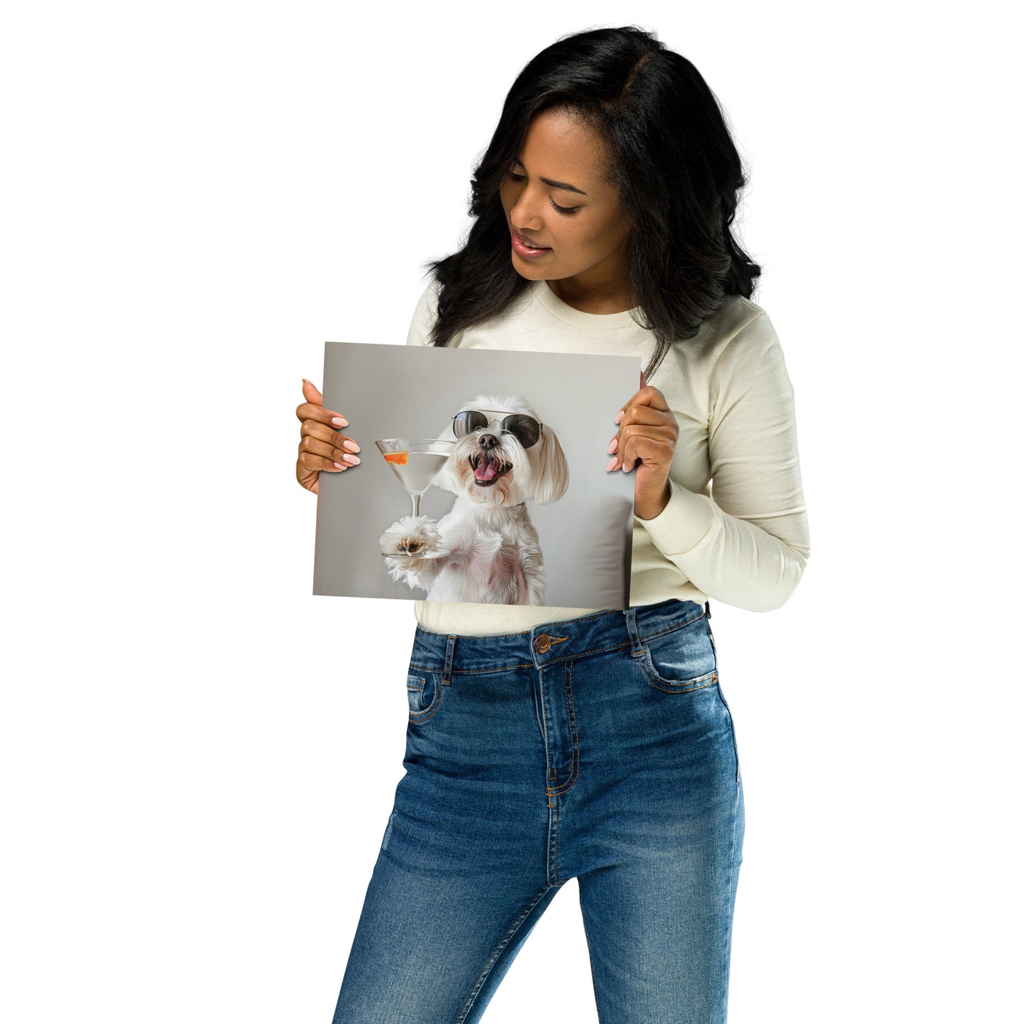 Cheers to Canine Joy - Maltese Dog with Cocktail on Aluminum Metal Frame